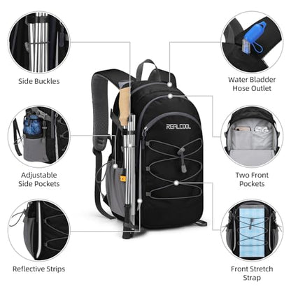 RealCool 20L Lightweight Hiking Backpack, Waterproof Daypack for Camping | 210D tear-resistant nylon, breathable shoulder and back panel, Multi-Compartment,hydration system,reflective strip,bungee net - color: Black, size: 20L