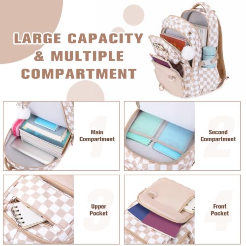Bevalsa Backpack for Girls, School Bookbag Teen Girls Backpack Set with Bento Lunch Box, Insulated Bag & Pencial Case, 43oz Lunch Containers for Kids Elementary Middle Student (Khaki Checkerboard) - color: Khaki Checkerboard