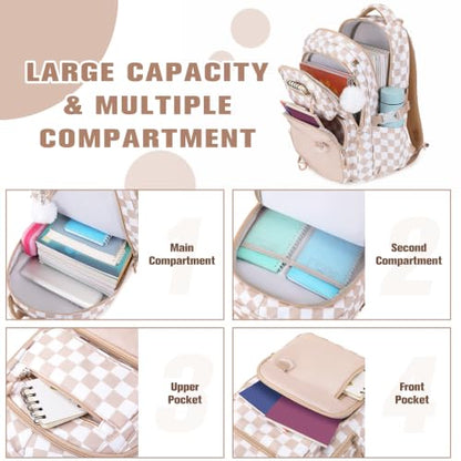 Bevalsa Backpack for Girls, School Bookbag Teen Girls Backpack Set with Bento Lunch Box, Insulated Bag & Pencial Case, 43oz Lunch Containers for Kids Elementary Middle Student (Khaki Checkerboard) - color: Khaki Checkerboard