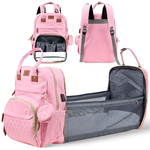 Diaper Bag Backpack with Changing Station – Large Baby Diaper Bag with 19 Pockets, USB Port, Waterproof, Insulated Bottle Holders, Stroller Straps – Travel Maternity Bag – Pink - color: Pink