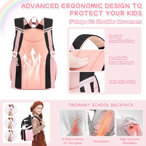 PIG PIG GIRL Girls Backpack, Kids Backpack for Girls with Anti-theft Back Pocket, Lightweight School Backpacks, Watrer Resistant, Bookbag for Elementary Primary School, Black Pink,3pcs - color: Black Pink 3pcs
