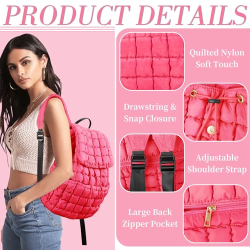 Quilted Puffer Backpack for Women, Lightweight Soft Nylon Quilted Hiker Pack Top Flap Drawstring Backpack, Trendy Puffy Padding Gym Travel Bag for Casual Daypack Hiking Sport (Rose Red) - color: Rose Red