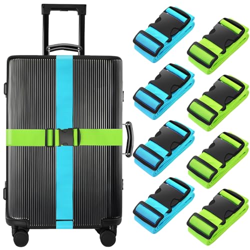 BILIONE 8 Pcs Luggage Straps, 79" Long Belts Keep Suitcase Secure While Traveling, TSA Approved Add a Bag Premium Accessory for Travel Bag Closure (4Pcs Blue + 4Pcs Green) - color: Blue+Green, size: 8Pcs