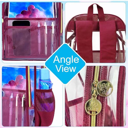 gxtvo Clear Backpack, Heavy Duty Transparent Bookbag, See Through Backpacks for Women Men | Heavy Duty - color: Chic Wine Red Clear Backpack