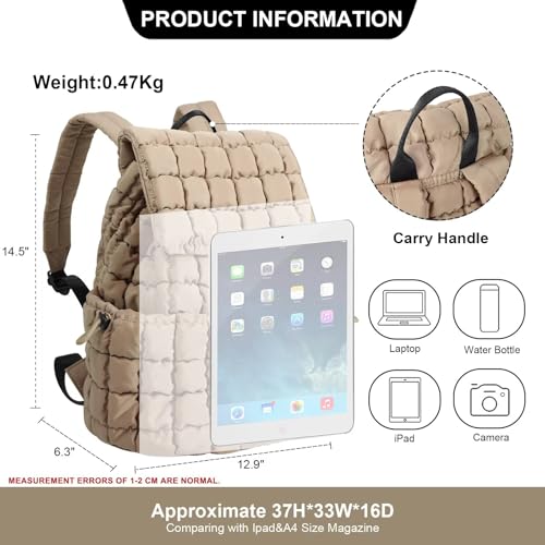 XSUIOY Quilted Backpack Purse for Women Small Lightweight Puffer Puffy College Laptop Backpack Nylon Casual Bookbag Daypack Top Flap Drawstring Padding Hiker Travel Gym Backpack(Khaki) - color: Khaki