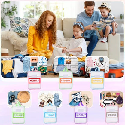 7 Pack Packing Cubes for Travel, Days of Week Outfit Organizers with Weekly Stickers, Mesh Bags for Camp Suitcase