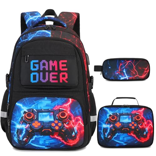 Scothen 3PCS Boys Backpack Set, Cool Backpack for Boys with Lunch Bag & Pencil Case, Kids School Bag Teen Boy Bookbag for Kindergarten Elementary Middle School with USB Charging Port - color: Red & Blue Lightning
