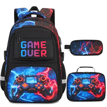Scothen 3PCS Boys Backpack Set, Cool Backpack for Boys with Lunch Bag & Pencil Case, Kids School Bag Teen Boy Bookbag for Kindergarten Elementary Middle School with USB Charging Port - color: Red & Blue Lightning