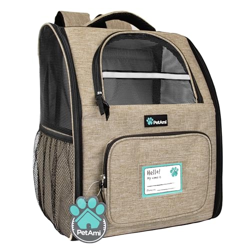 PetAmi Dog Backpack Carrier for Small Medium Dogs Large Cats up to 18 lbs, 2 Side Entry, Structured No-Collapse Frame, Airline Approved Ventilated Pet Backpack for Hiking Camping Travel Vet, Taupe - color: Heather Taupe