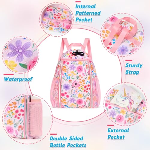 WAWASAM Drawstring Backpack for Kids, Flower Kids Drawstring Gym Bag for Girls, Waterproof Swim Bag for Beach String Cinch Backpack with Two Mesh Water Bottle Pocket - color: Flower