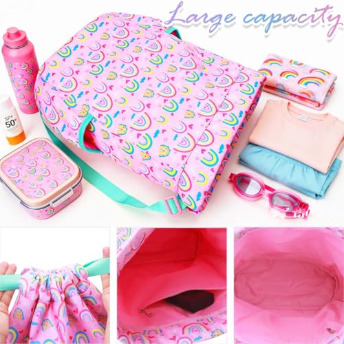 RHCPFOVR Drawstring Backpack for Kids - Rainbow Bags for Girls Mini Gym Dance Beach Swim Travel Bag With Two Water Bottle Holder - color: Rainbow