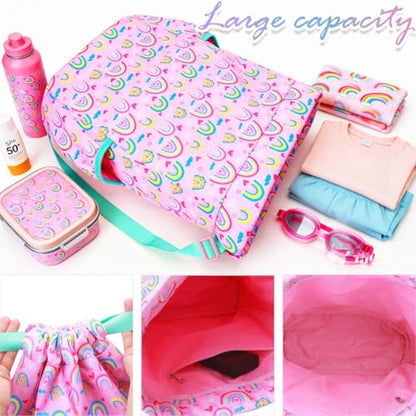 RHCPFOVR Drawstring Backpack for Kids - Rainbow Bags for Girls Mini Gym Dance Beach Swim Travel Bag With Two Water Bottle Holder - color: Rainbow