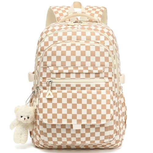 PRLINJSK Girls Backpack for College High Middle School Student, Cute Aesthetic Corduroy Bookbag for Teens Women with Accessories, Brown Checkered - color: Checkered Brown, size: 17.5 Inch