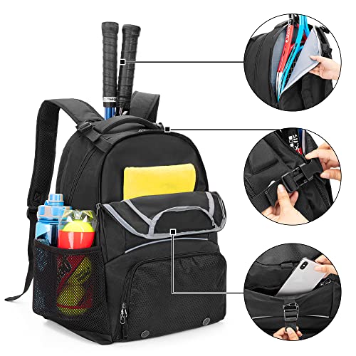 DSLEAF Tennis Backpack for 2 Rackets, Tennis Bag with Separate Ventilated Shoe Space for Tennis/Pickleball/Badminton/Squash Racquet and Accessories - color: Black