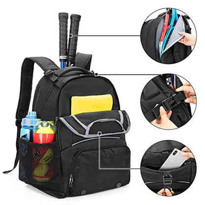 DSLEAF Tennis Backpack for 2 Rackets, Tennis Bag with Separate Ventilated Shoe Space for Tennis/Pickleball/Badminton/Squash Racquet and Accessories - color: Black