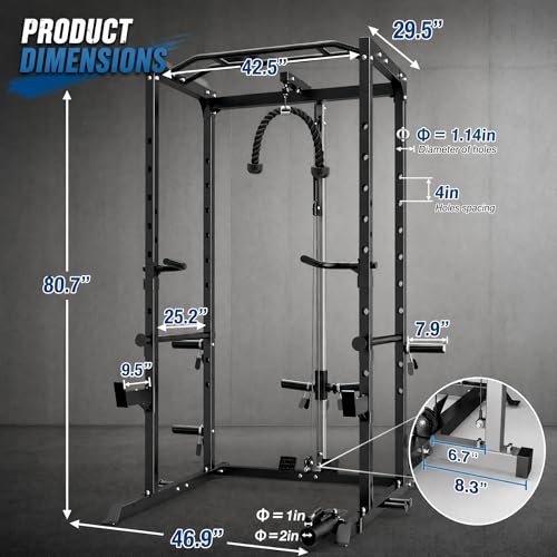 KOPUS Power Rack with Pulley System – Multi-Functional Power Cage Squat Rack, LAT Pull Down, J Hooks & Safety Bars – 1200 lbs Home Gym Equipment – 5 Configurations
