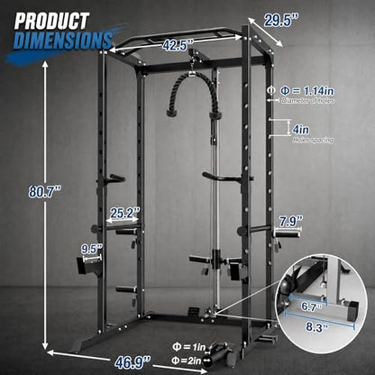 KOPUS Power Rack with Pulley System – Multi-Functional Power Cage Squat Rack, LAT Pull Down, J Hooks & Safety Bars – 1200 lbs Home Gym Equipment – 5 Configurations
