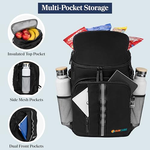 SUN CUBE Cooler Backpack 33 Can, Leakproof Insulated Backpack Cooler for Men Women, Camping Cooler Backpack for Beach Travel Hiking, Waterproof Lunch Backpack - color: Black