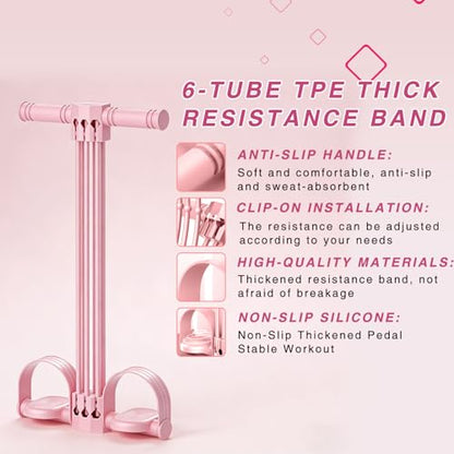 Pedal Resistance Bands with Handles,6-Tube Elastic Yoga Foot Pedal Resistance Band, Natural Rubber Tension Rope, Fitness Shaping Yoga for Abdominal, Leg, Arm and Back Slimming Trainingce - color: Pink