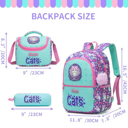 Girls School Backpack for Kids Ages 6-8,Backpack for Girls Cute Cat Lightweight Bookbag Perfect Back to School Gift for Kids with Lunch Box Pencil Case - color: Purple Blue Cat