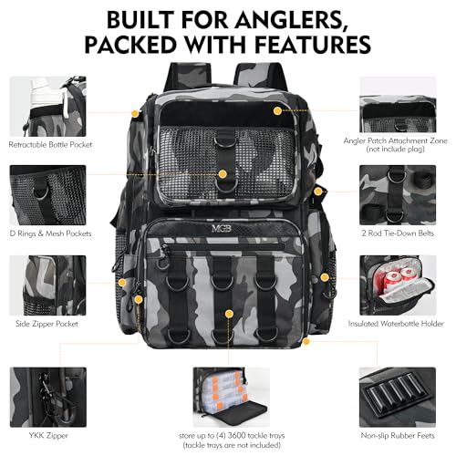MGB 46L Water-resistant Fishing Tackle Backpack with Rod Holders - color: Grey+black Camo（without Tackle Box）