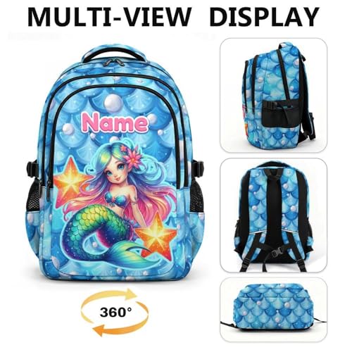 Personalized Girls Backpack Custom Mermaid Backpacks for Kids Back to School, Durable 17 Inch Schoolbags with Name for School Travel Picnic - color: Blue