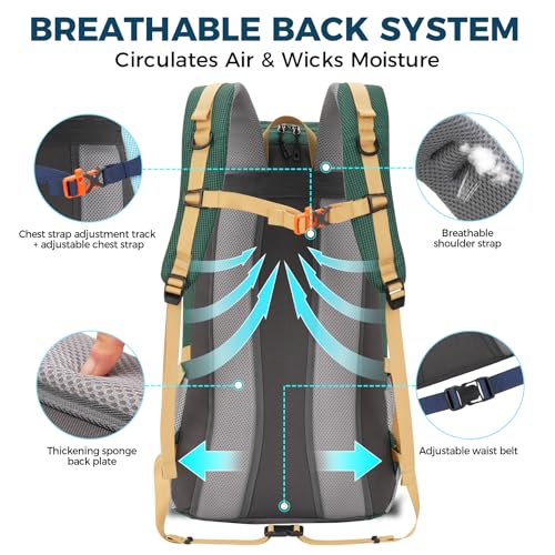 Bseash 45L Waterproof Hiking Camping Backpack with Rain Cover, Outdoor Sport Travel Bag Daypack for Climbing Skiing Cycling (Green) - color: Green