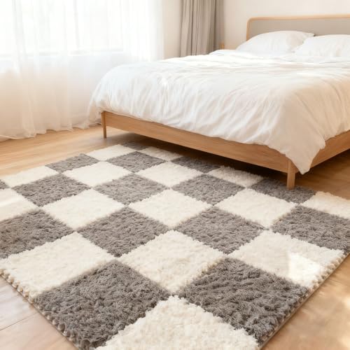 Thickened Plush Foam Interlocking Floor Carpet Mat,24 Piece 12x12in Fluffy Square Puzzle Foam Carpet Tiles with Edgings,Soft Anti-Slip Shaggy Area Rug Playmat(Color:Grey+White) - color: Grey+white