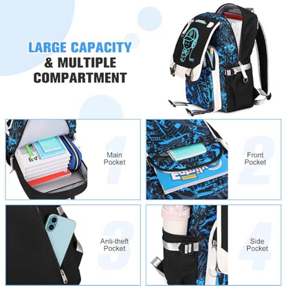 Bevalsa Backpack for Boys, Cool Luminous Boys Backpack with Sling Bag, Lunch Box & Pen Case, School Bags for Kids Children Teens Elementary Middle Schools, Bookbag Glow In The Dark (Blue) - color: Blue