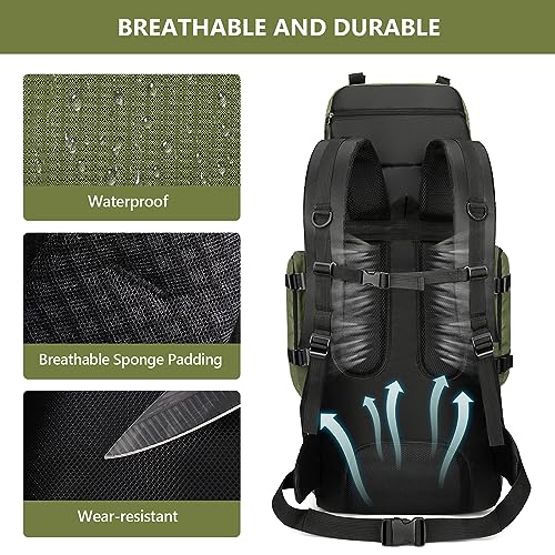 90L Hiking Backpack, Waterproof Camping Bag with Rain Cover, Lightweight Backpacking Back Pack - color: Army Green