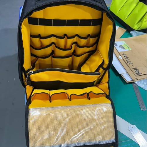 Rugged yet Comfortable Tool Backpack with Hard Molded Bottom and Tool Pouch, Heavy Duty 1680D Tool Bag with Laptop Sleeve, Multiple Pockets for Power Tools and Hand Tools, USB Port, Padded Straps