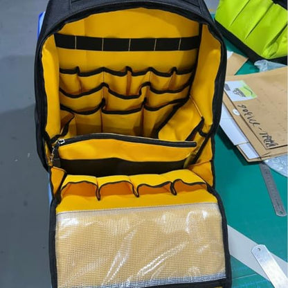 Rugged yet Comfortable Tool Backpack with Hard Molded Bottom and Tool Pouch, Heavy Duty 1680D Tool Bag with Laptop Sleeve, Multiple Pockets for Power Tools and Hand Tools, USB Port, Padded Straps