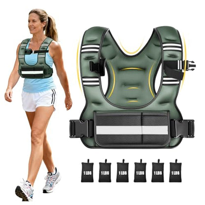 Adjustable Weighted Vest for Women, 6-12lb U-Shaped Weight Vest with 6 Iron Sand Bags & Adjustable Buckle Straps, Rucking Vest with Plus Pockets for Running, Walking and Strength Training - color: Green