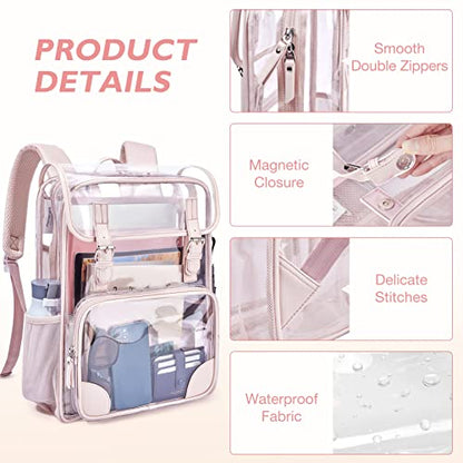 mommore Clear Backpack for School Heavy Duty PVC Transparent Bookbag for Girls Stadium Approved See Through Backpack - color: Pink, style: Clear Backpack