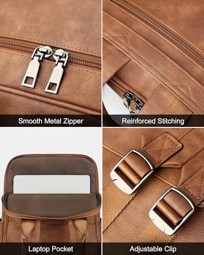 MASINTOR 15.6 inch Leather Laptop Backpack Purse for Women, Designer Travel and Work Bag with Laptop Compartment Mocha Brown - color: Mocha Brown