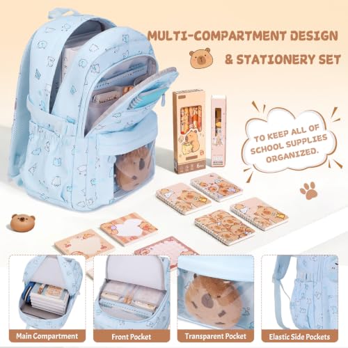 Capybara Theme Backpack for School Girls, 35PCS Kids Backpack Set with School Supplies Stationery Kit Lunch Box Pencil Case, Cute Girls Bookbag for Kindergarten Elementary Student - color: Blue