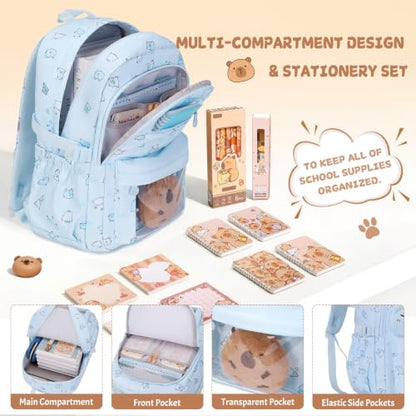 Capybara Theme Backpack for School Girls, 35PCS Kids Backpack Set with School Supplies Stationery Kit Lunch Box Pencil Case, Cute Girls Bookbag for Kindergarten Elementary Student - color: Blue