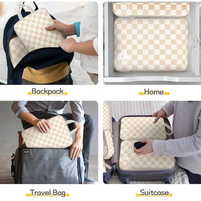 8 Set Compression Packing Cubes Travel, Lightweight Durable Packing Compression Cubes, Accessories Bags Packing Cubes for Travel Luggage Organizer (Khaki Checkered) - color: 8 Set Khaki Checkered
