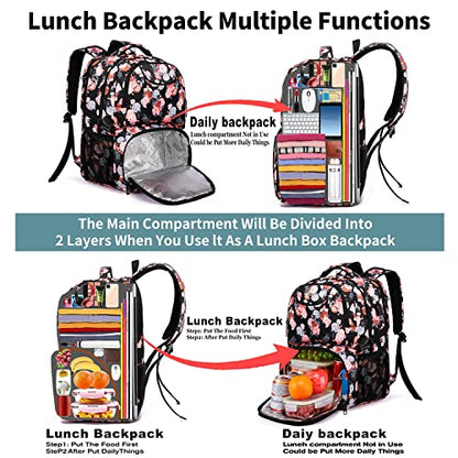 HILUSEN Lunch Backpack for Women, Insulated Cooler Lunch Box, Extra Large Work Backpack with USB Charging Port, Water Resistant 17 inch Travel Laptop Backpack - color: Black Pink