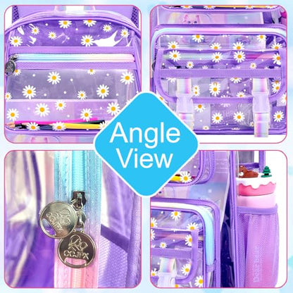 KLFVB Transparent Backpack Heavy Duty, 3PCS Girls See Through School Bag Set, Cute Clear Bookbag for Women - Chrysanthemum Purple - color: Chrysanthemum Purple Clear Backpack