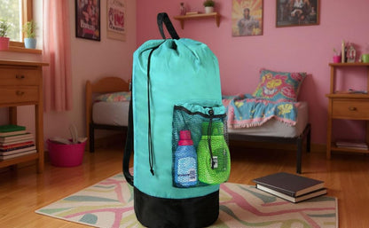 Turquoise Laundry Backpack with Mesh Pocket, Adjustable Straps and Drawstring Closure - Large Portable Hamper for College, Apartment and Laundromat - color: Turquoise