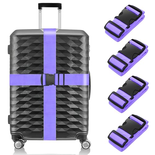 BILIONE 4 Pack Luggage Straps 79" Long Belts Keep Suitcase Secure While Traveling, TSA Approved Add a Bag Premium Accessory for Travel Bag Closure (4 Pcs Purple) - color: Purple, size: 4Pcs
