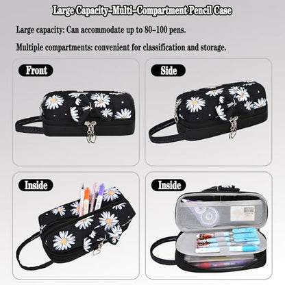 Girls Backpack Set with Lunch Box & Pencil Case, Floral Print Girls School Backpack for Elementary/Middle/High School (Black-Daisy) - color: Black-daisy