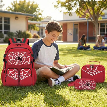 Kids Backpack for Boys - 4Pcs Boys Backpack with Lunch Box Set for Kids Teens Elementary Middle School, 18″ Large Capacity Students Bookbag, Perfect for Travel and School - color: Red-backpack-set
