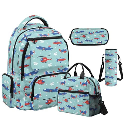 Airplane Backpack for Boys Kids School Backpacks with Lunch Box Pencil Case Water Bottle Sleeve 4PCS Set Preschool Backpack for Boys 17 Inch Lightweight School Bag with Adjustable Straps - color: Airplane