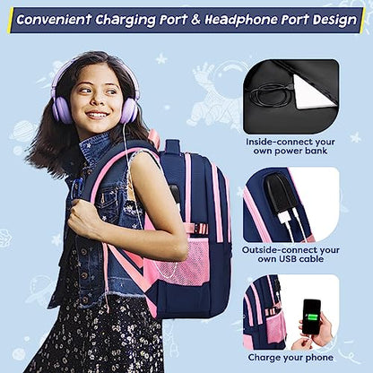ACESAK Backpack for Girls - Girls Backpack Schoolbag for Kids Children Teens Elementary Middle School Bags, Waterproof Lightweight Kids Bookbag Backpacks Casual Daypack with Lunch Bag Set - color: Pink