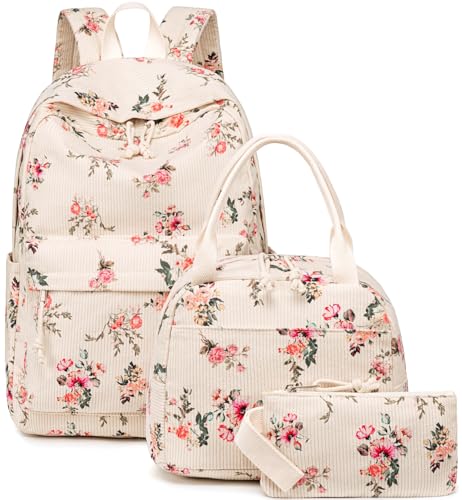 Bluboon School Backpack Set Girls Womens Laptop Bookbag Casual Daypack Fits 15 inch Laptop with Lunch Tote Bag and Pencil Bag - color: Corduroy Floret
