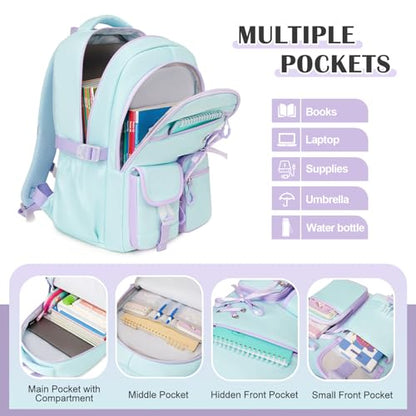 DIGOBAY Backpacks for Girls - 3PCS Girls Backpack with Lunch Box & Pencil Pouch School Backpacks for Elementary Middle High College School Bookbag for Teen Girl Kids Students Aquamarine-purple - color: Aquamarine-purple