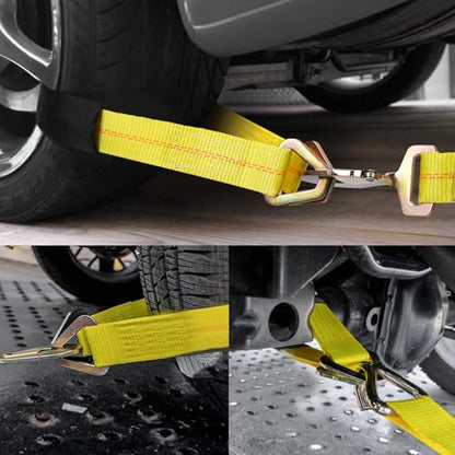 2" × 29" Premium Axle Tie Down Strap with D Rings, Heavy Duty Car Tire Wheel Tie-Down with Protective Sleeve, 6614 Lbs Adjustable Axle Tow Strap for Securing Vehicle Transport (Yellow) - color: Yellow
