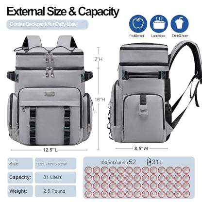 Weitars Insulated Cooler Backpack,Double Deck Waterproof Soft Cooler Bag,Backpack Coolers Leak Proof Lunch Backpack for Men Women for Travel,Camping,Picnic,Beach,Picnic,Outdoor 31L/52 Can - color: Gray
